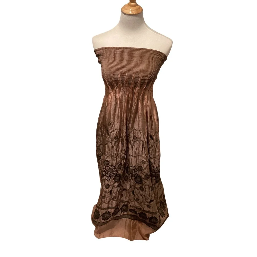 Lapis Women Rose Gold Copper Smocked Strapless Floral Embroidered Maxi  Dress OS